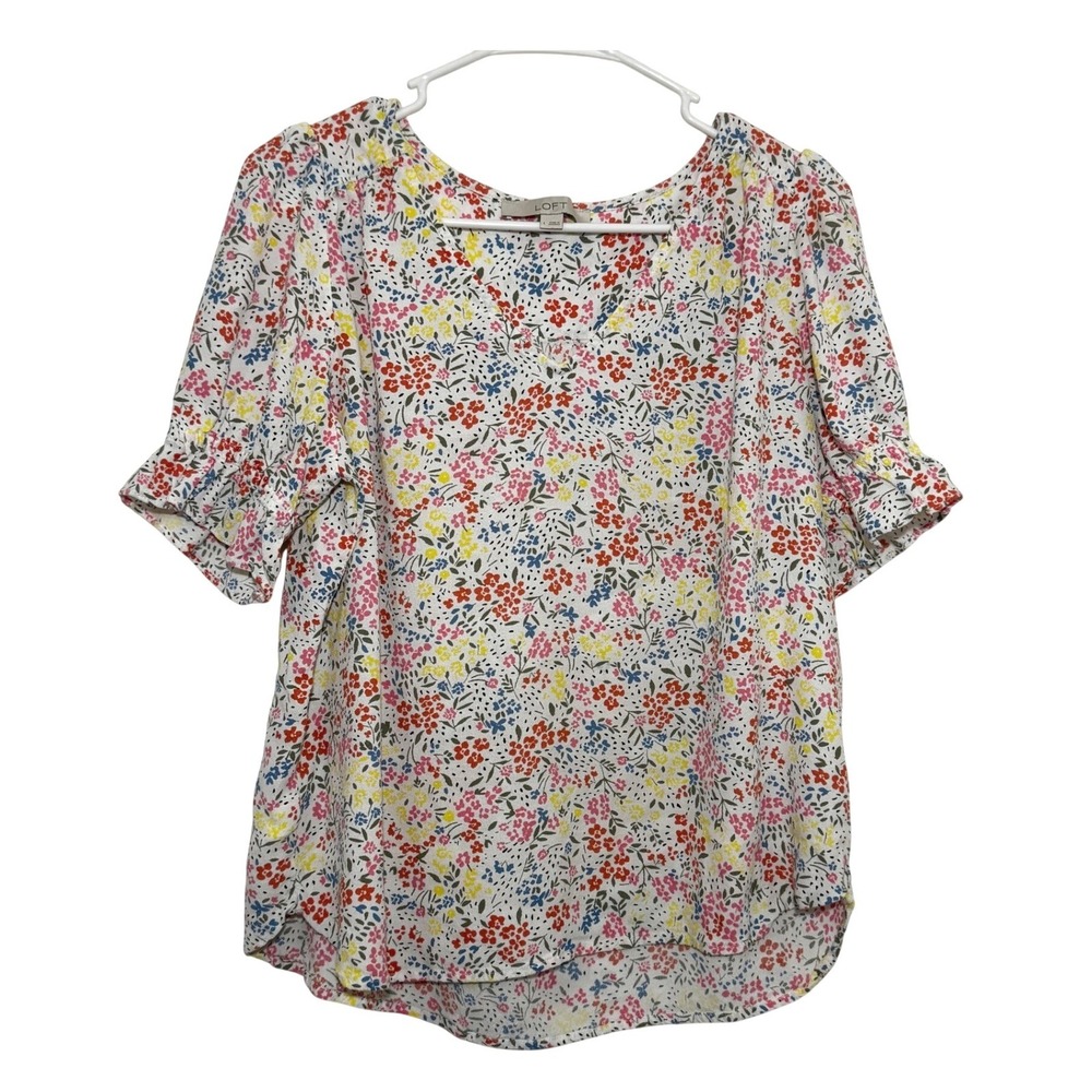 LOFT Blouse White Floral Ruffle Sleeve Women Large V-Neck‎ Ditsy Print Top